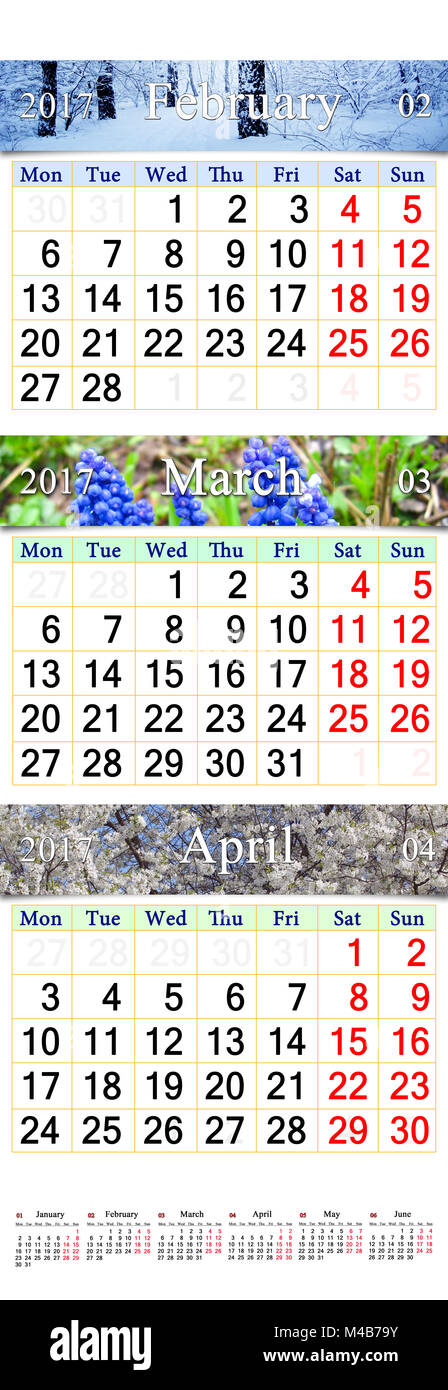 Kalender für drei Monate von 2017 mit Bilder der Natur Stockfoto