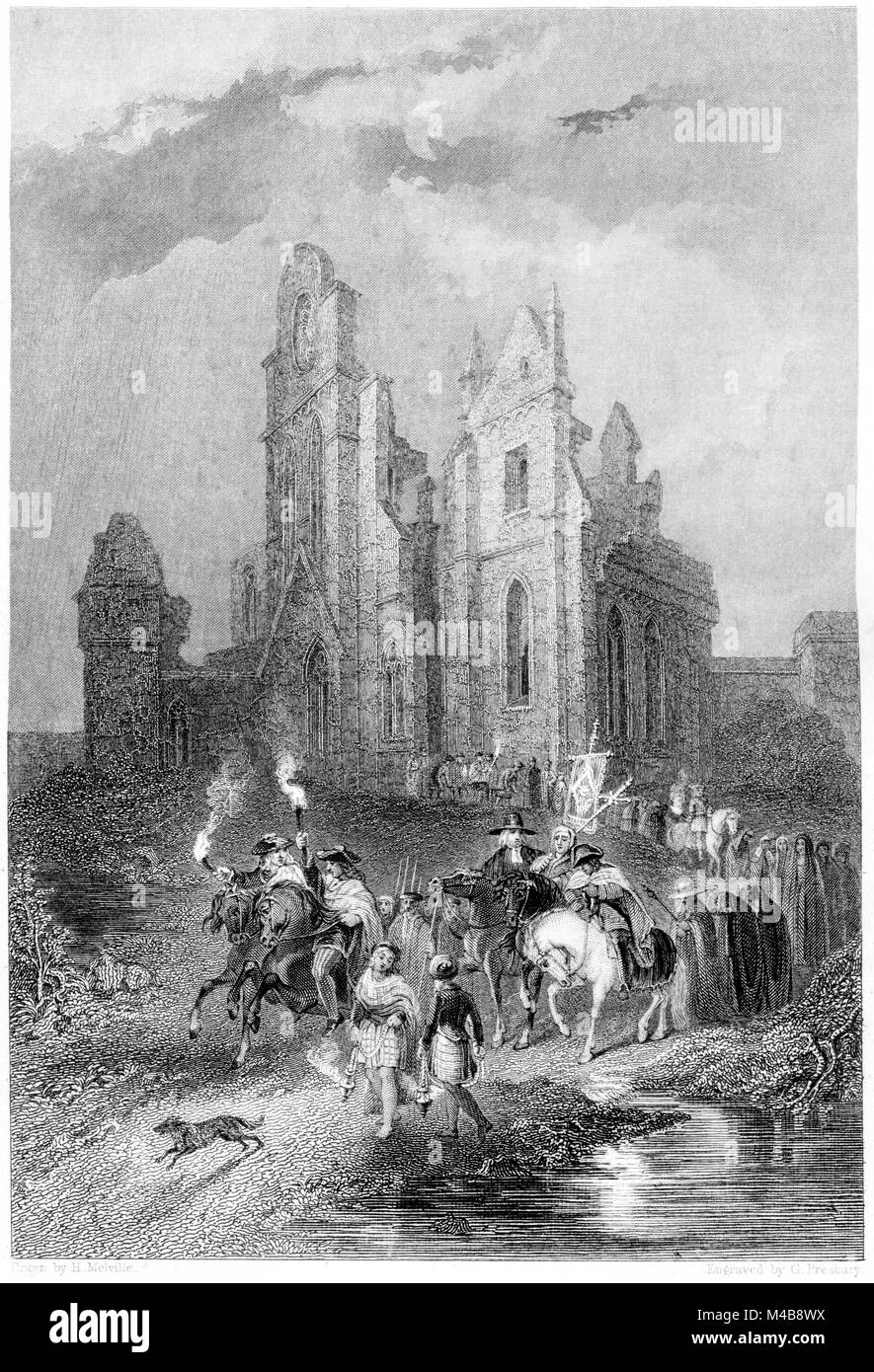 Ein Kupferstich von Arbroath Abbey, einem Trauerzug vom Priorat von St-Ruth gescannt und in hoher Auflösung aus einem Buch im Jahre 1833 gedruckt. Stockfoto