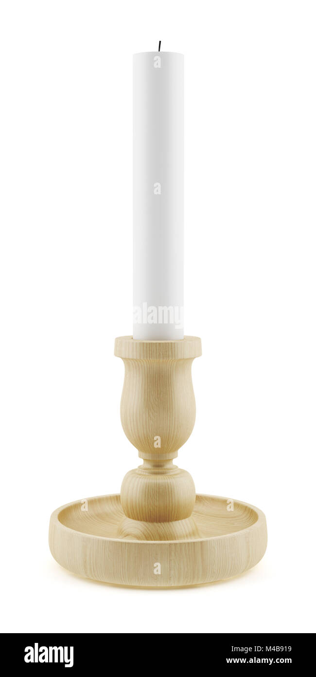 hölzerne Kerzenständer mit Kerze isoliert auf weißem Hintergrund Stockfoto