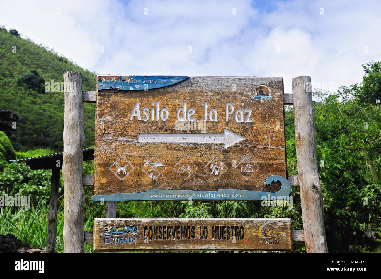 Schild Asilo de la Paz Insel Floreana Galapagos Inseln Ecuador Stockfoto