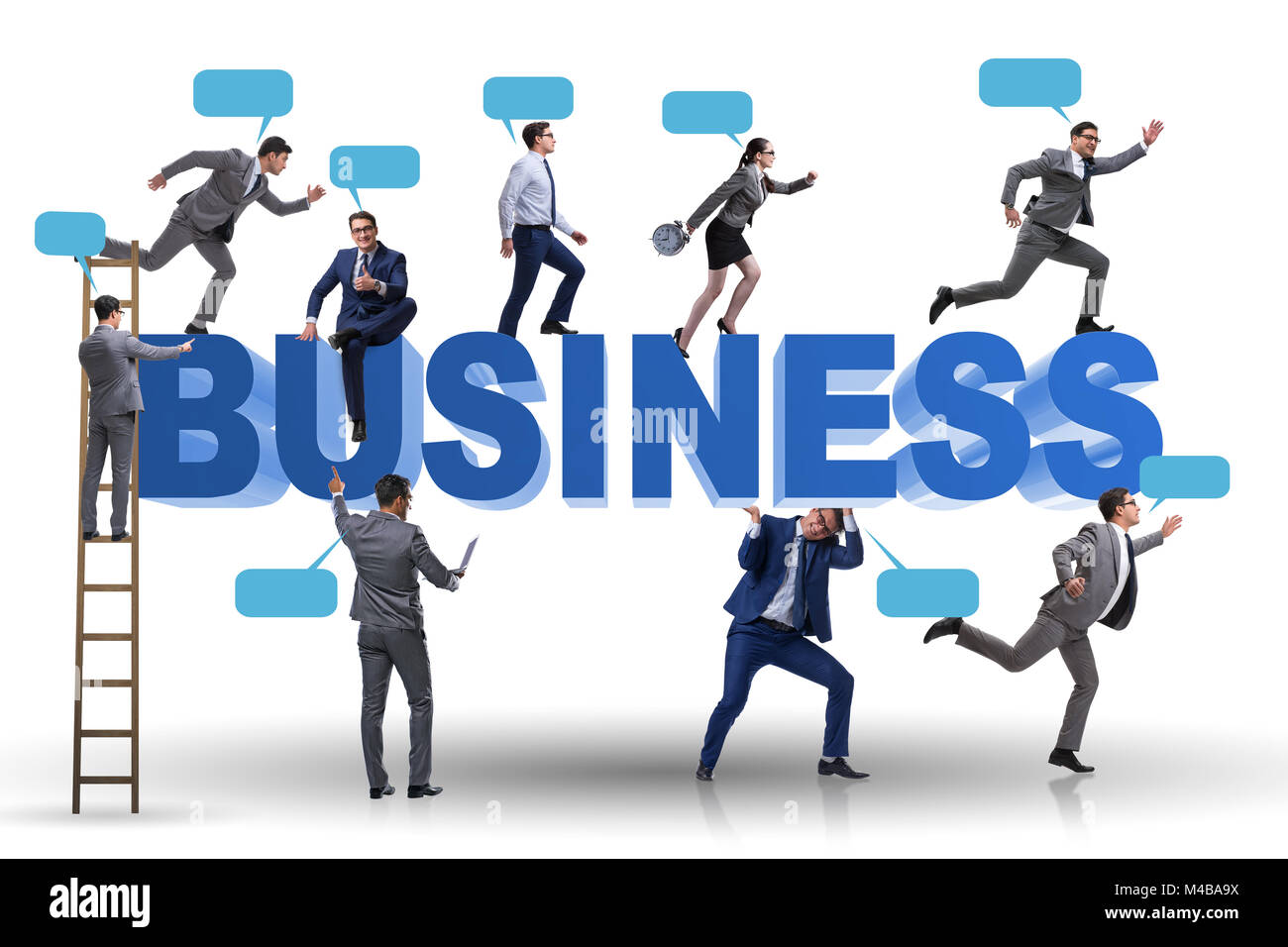 Geschäftsleute in Business Konzept mit Leiter und Blase Callouts Stockfoto