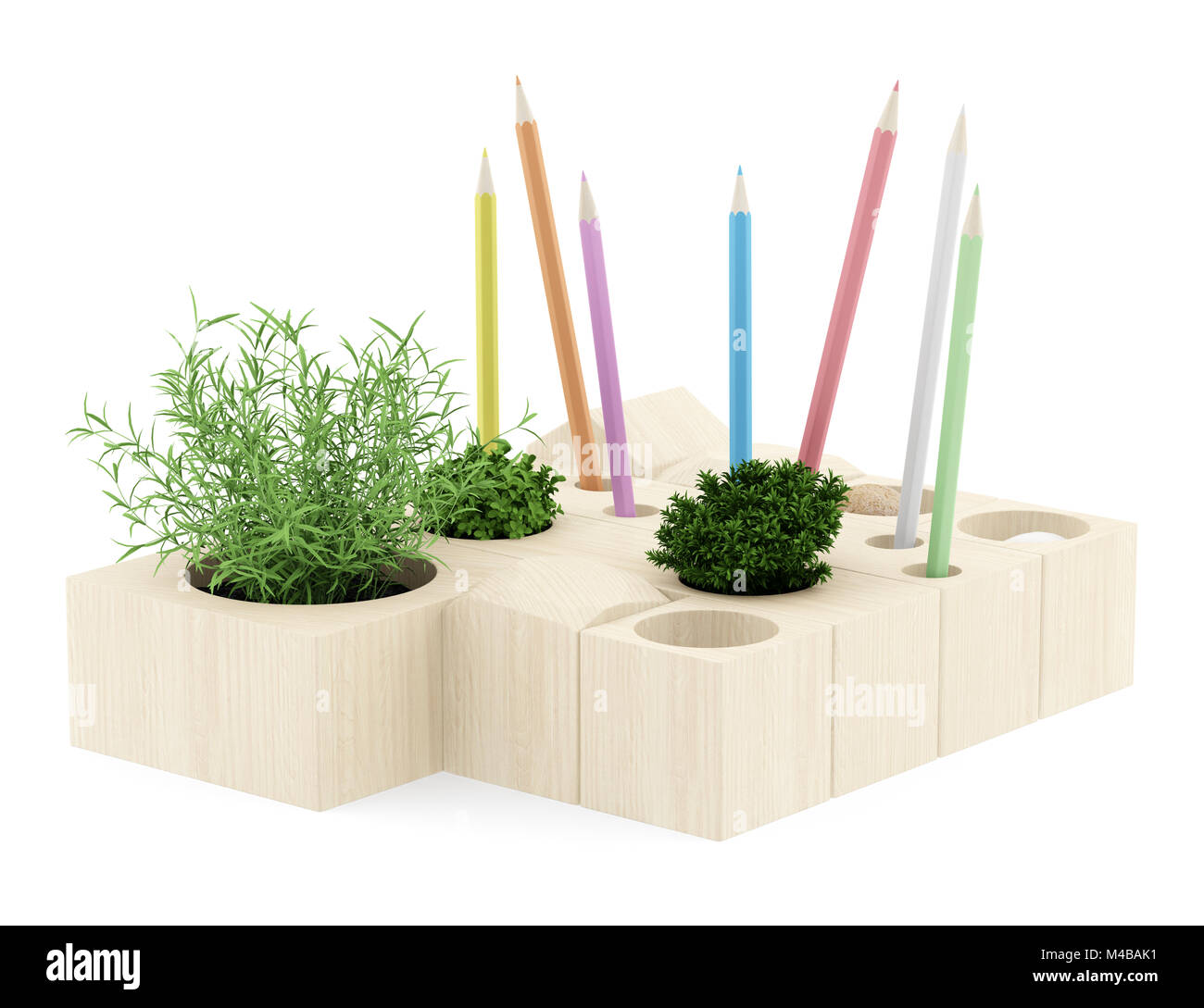 hölzerne Stifthalter mit Office liefert isolierten auf weißen Hintergrund Stockfoto