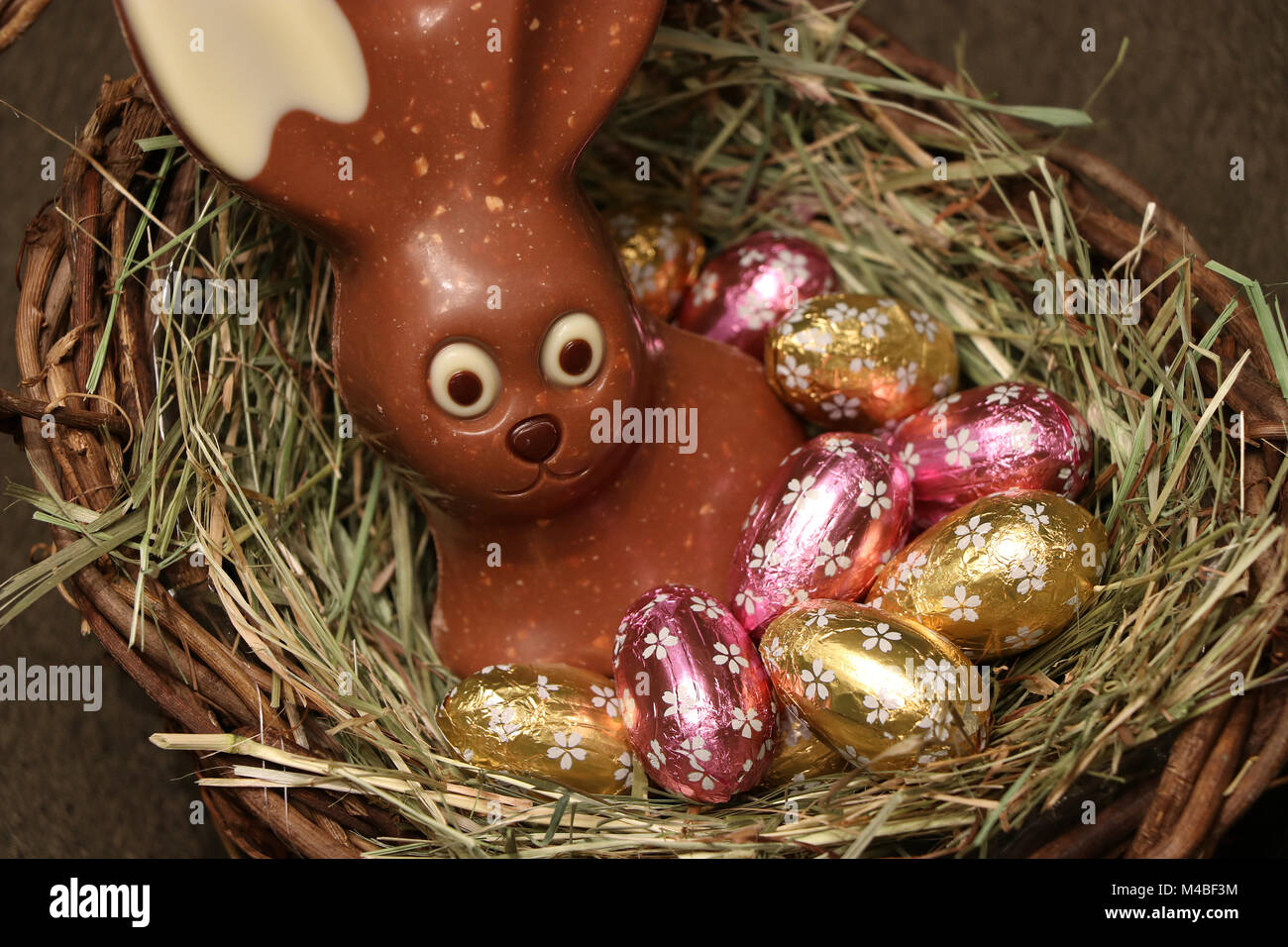 Schokoladen Osterhase im Korb Stockfoto