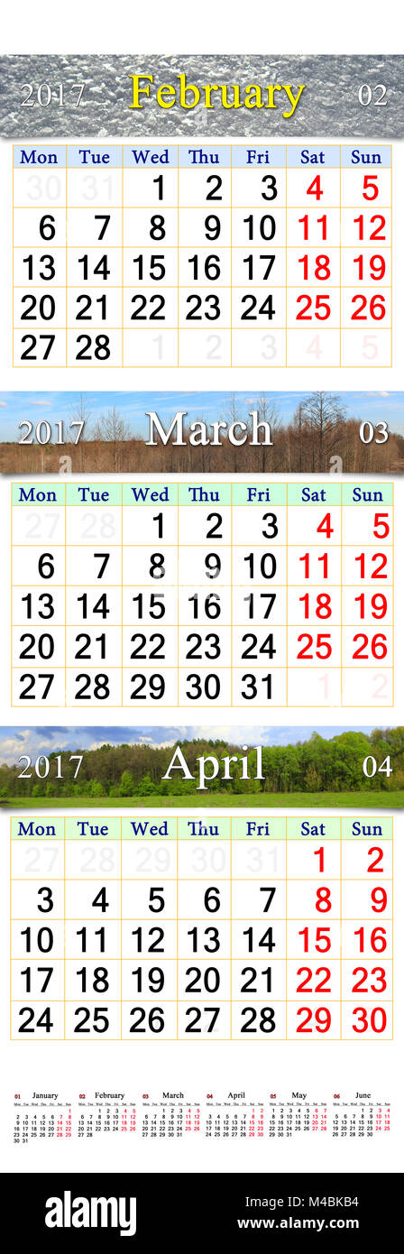 Kalender für Februar März April 2017 mit Bildern Stockfoto