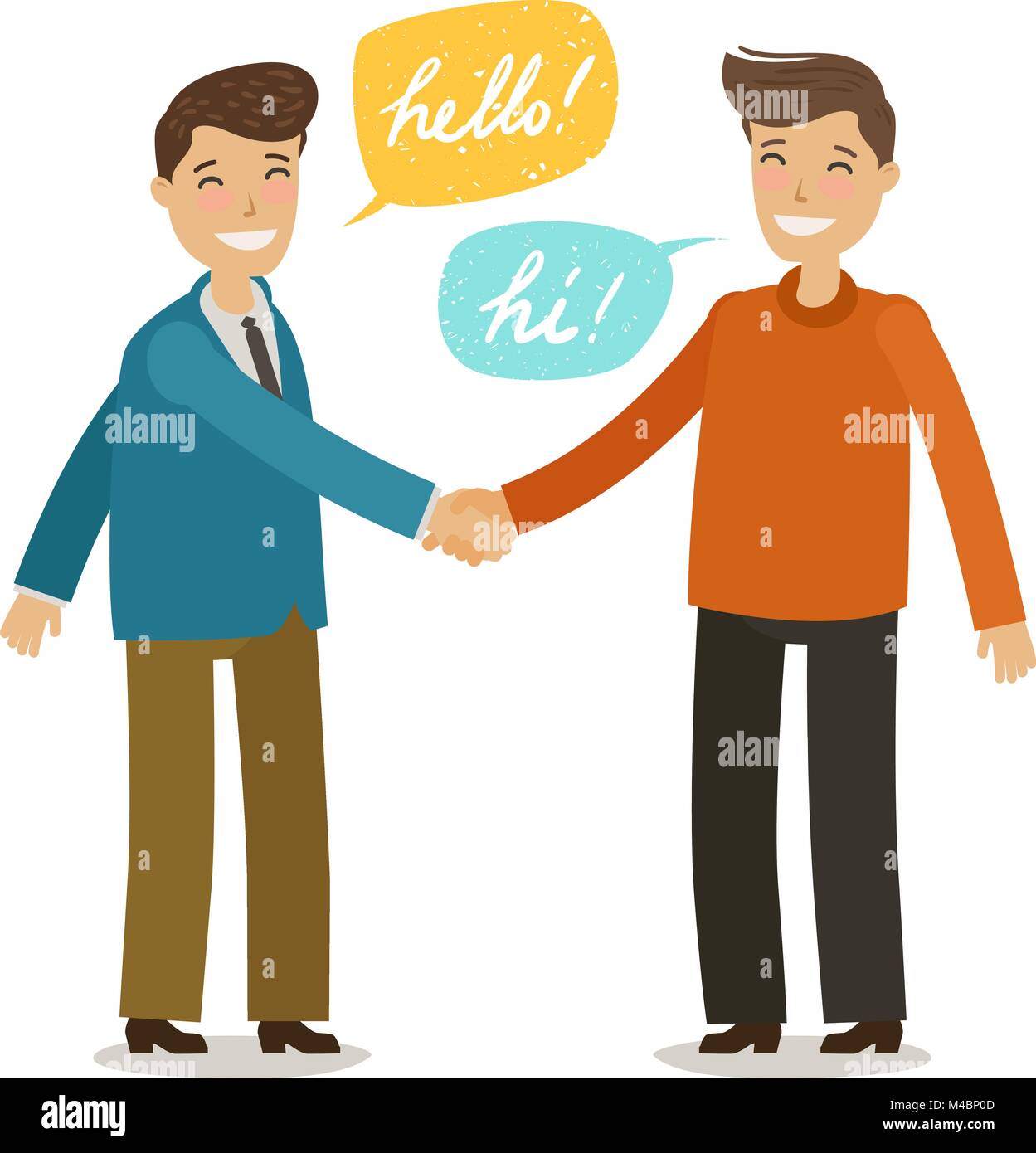 Handshake, Hände schütteln, Freundschaft Konzept. Glückliche Menschen geben sich die Hand zur Begrüßung. Cartoon Vector Illustration im flachen Stil Stock Vektor
