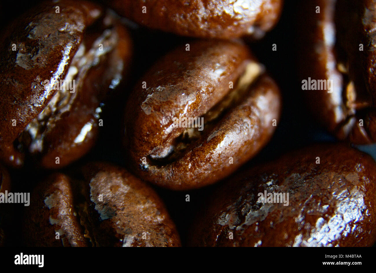 Up-close Schuß von dunkel geröstete Kaffeebohnen Stockfoto