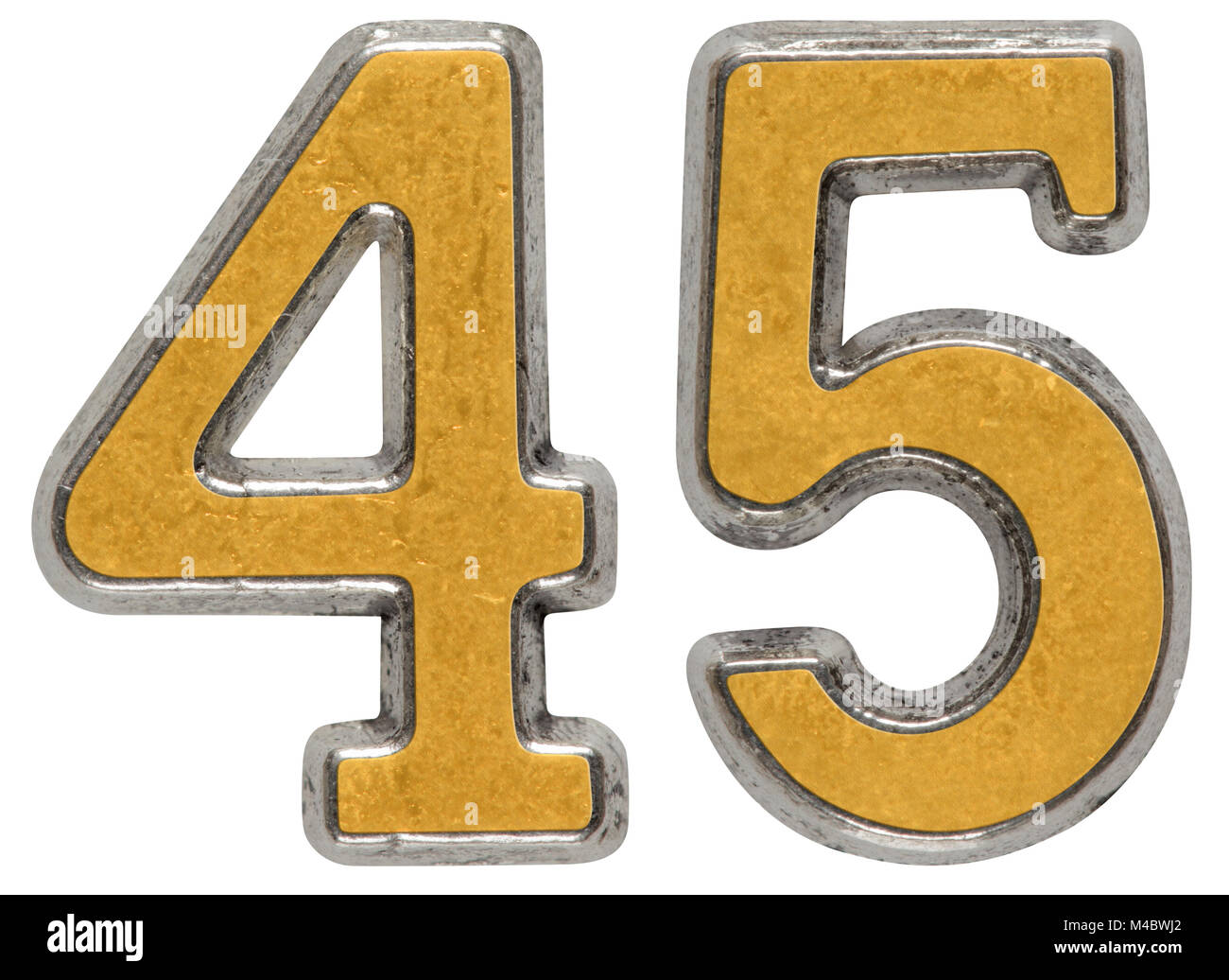 Metall-Ziffer 45, 45, isoliert auf weißem Hintergrund Stockfoto