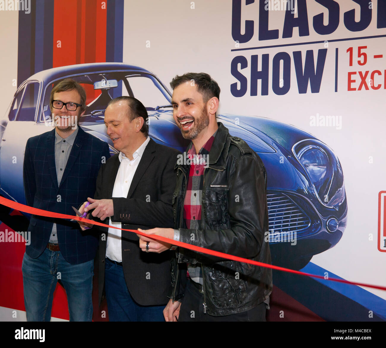 Quentin Willson, Jonny Smith und Alex Riley Eroeffnung des London Classic Car Show am 15. Februar 2018 Stockfoto