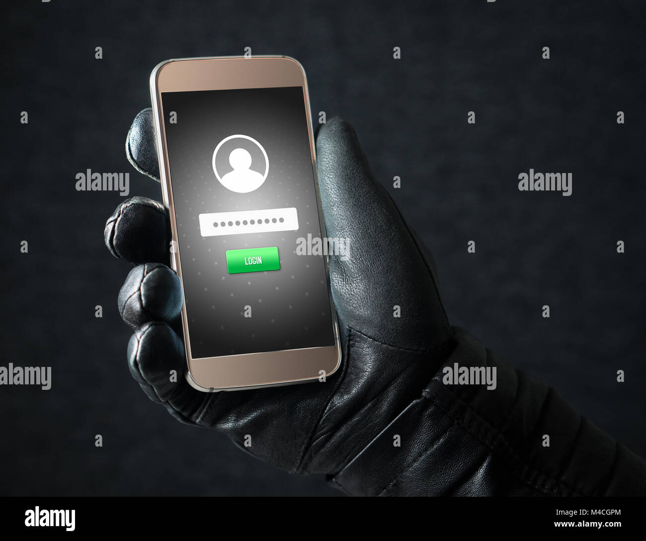 Identitätsdiebstahl und Cyber Security Konzept. Mobile Hacker und kriminelle Login für Personen online Social Media Account oder persönliche Informationen und Daten. Stockfoto