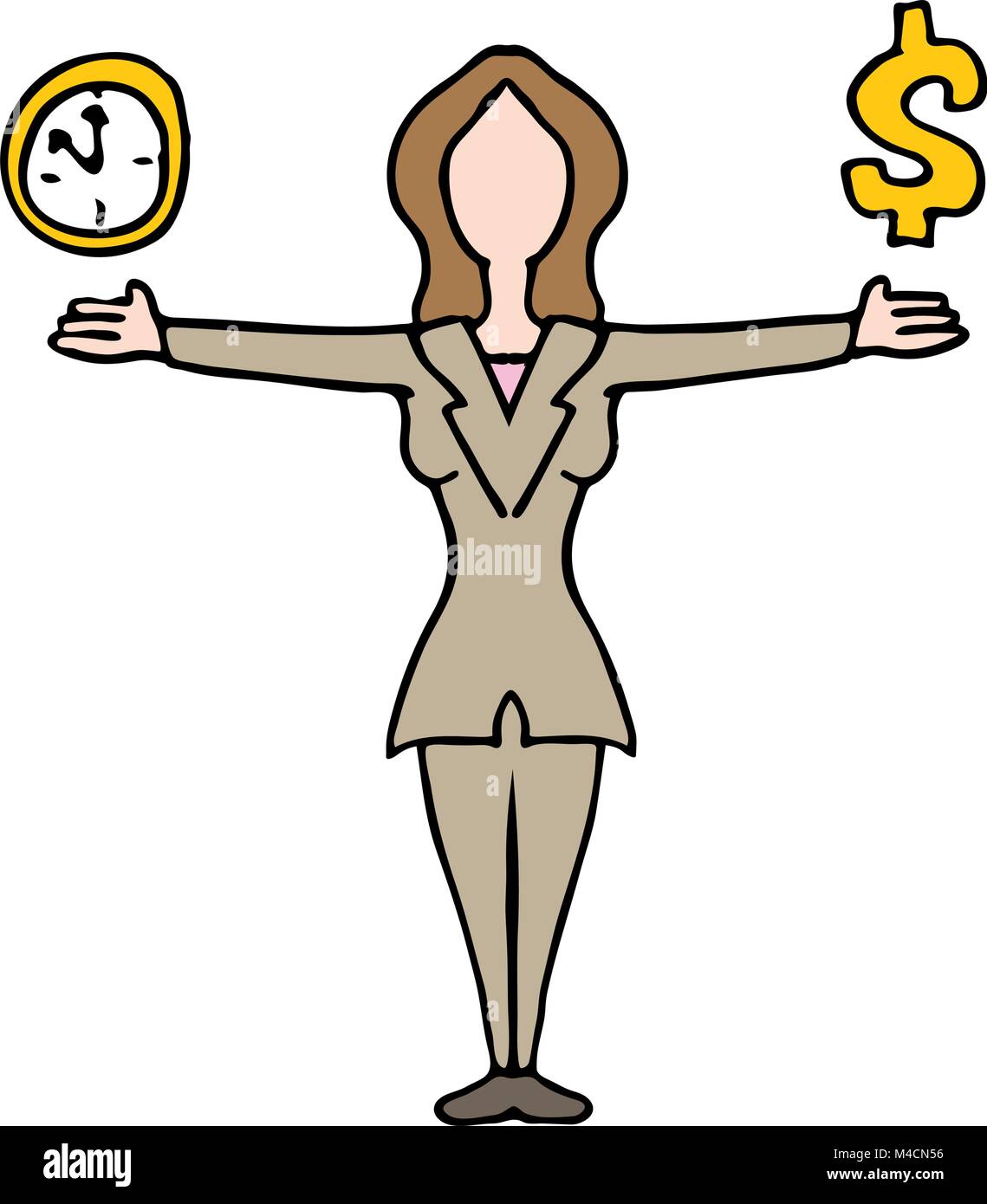 Ein Bild von einer Geschäftsfrau balancing Zeit und Geld. Stock Vektor