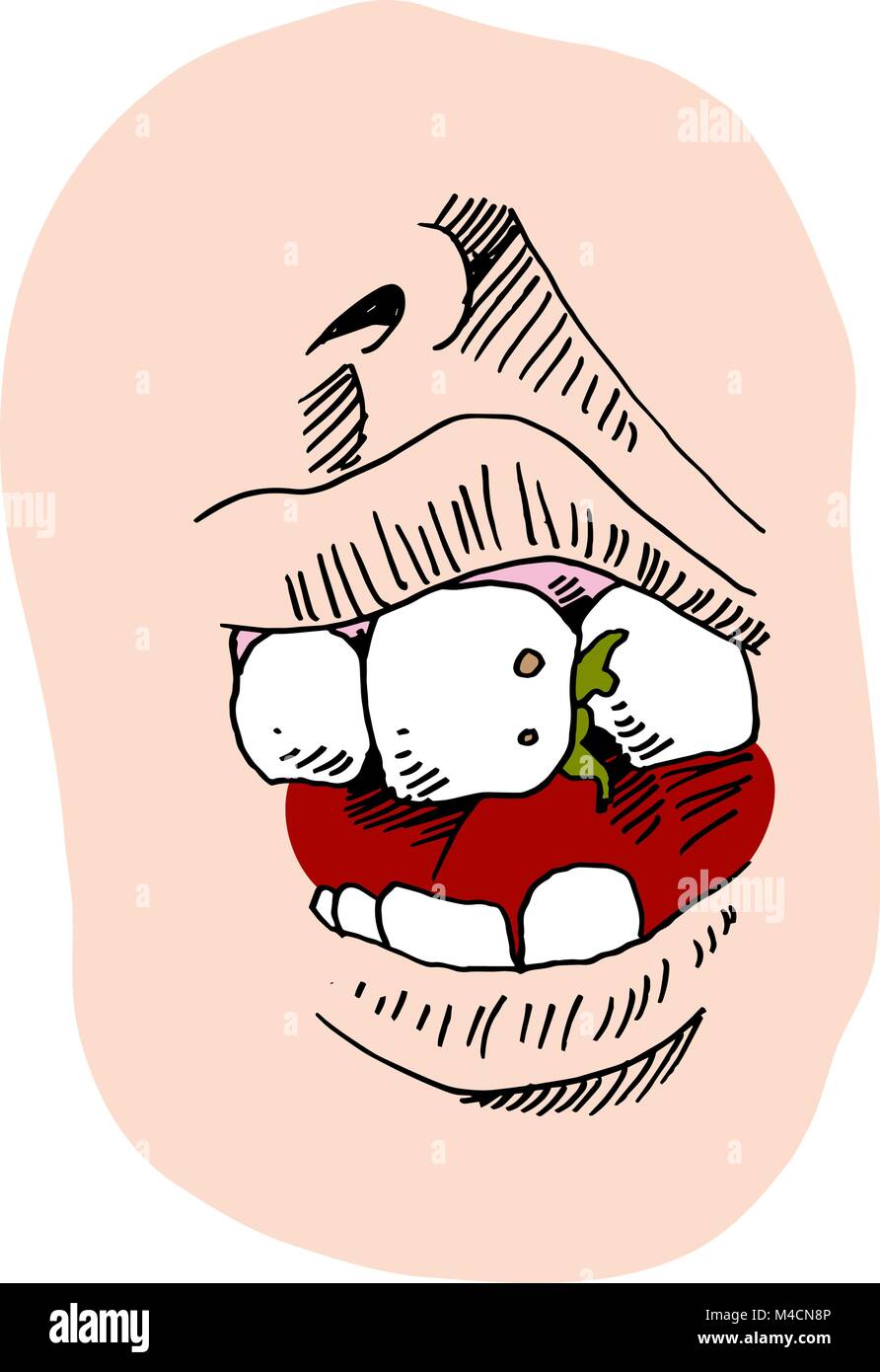 Ein Bild von einem Mund mit Essen in den Zähnen. Stock Vektor