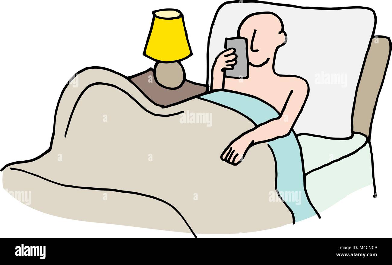 Ein Bild von einem Mann zu lesen sein Telefon im Bett. Stock Vektor