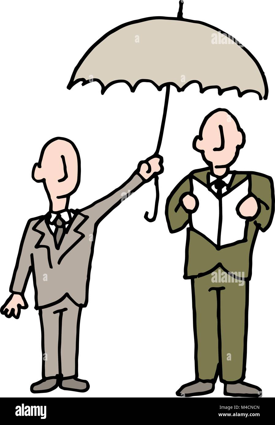 Ein Bild von einem Mann seinen Schirm Teilen mit einem anderen Mann. Stock Vektor