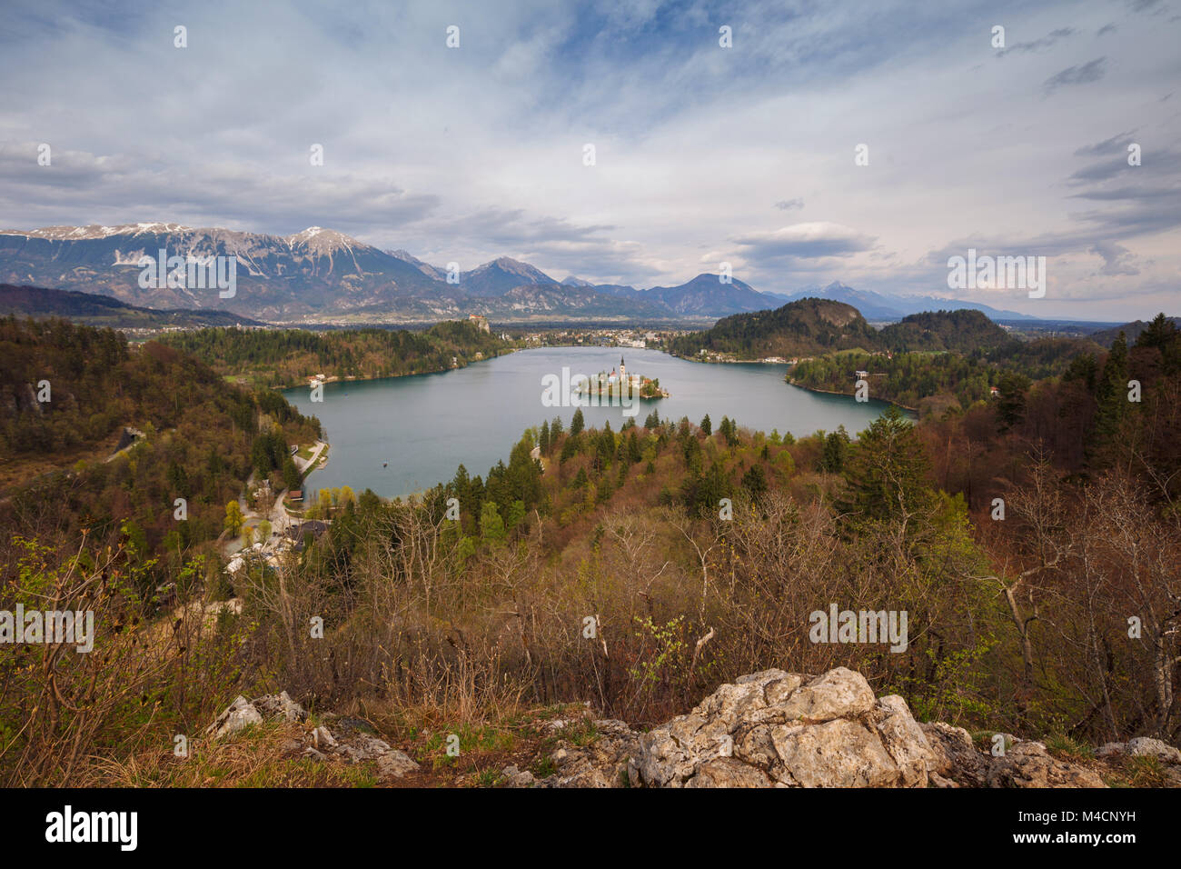 Schöne Panoramasicht auf See von Bled, Slowenien, Europa Stockfoto