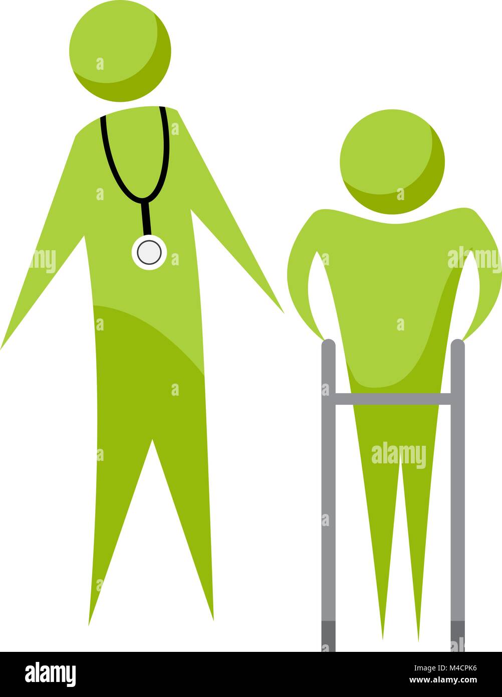 Ein Bild von einem abstrakten Arzt mit seinem älteren Patienten mit einem Walker. Stock Vektor