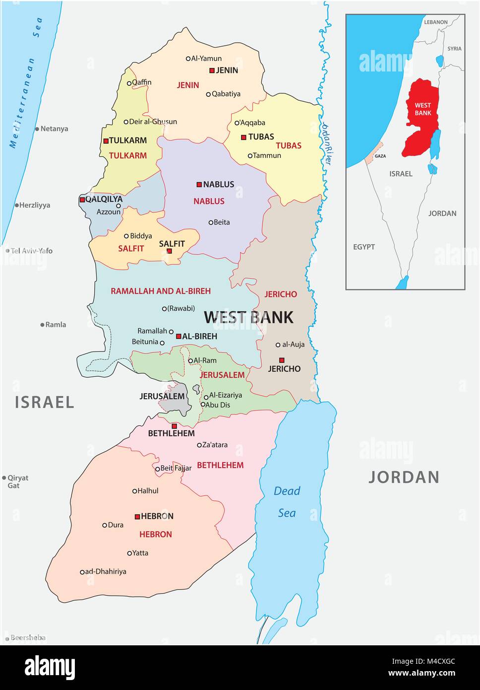 West Bank administrative und politische Vektorkarte Stock Vektor