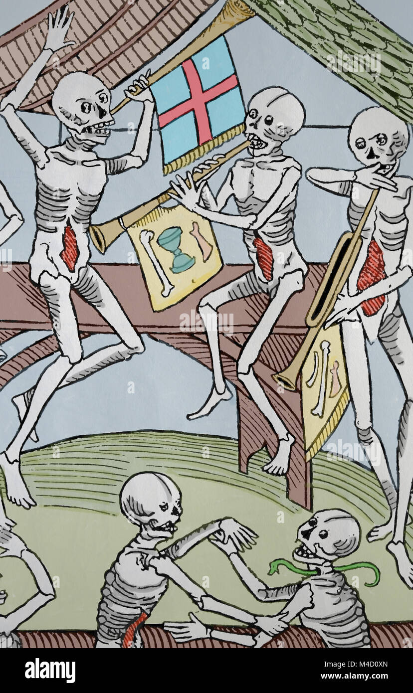Das Orchester der Tanz des Todes. Tanz des Todes. Gedruckt von Heinrich Knoblochzer (1445-1500), Deutschland. Stockfoto