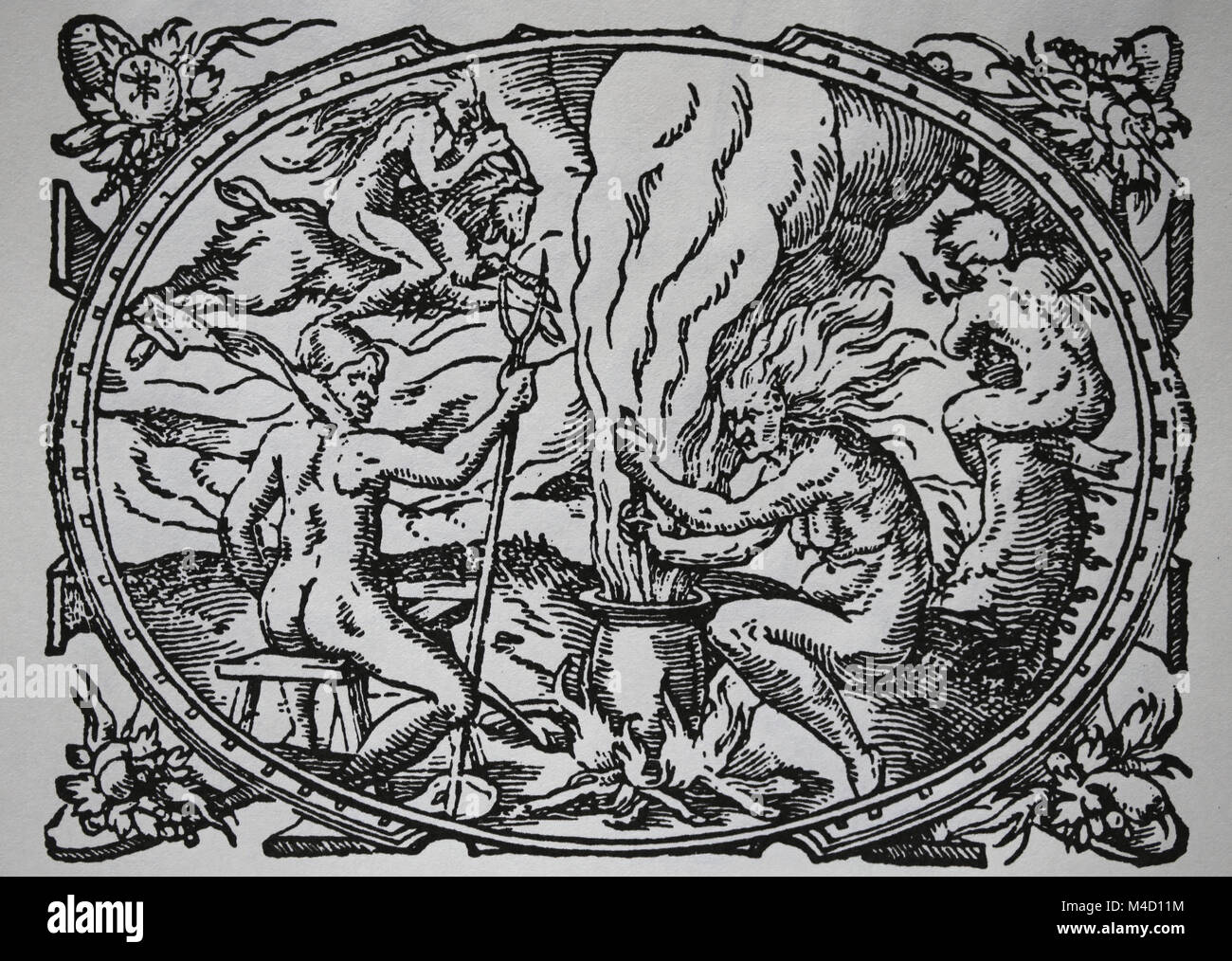 Hexen brauen. Gravur von einem Schuß, wahre Warnung von Goos. 1582. Deutschland. Stockfoto