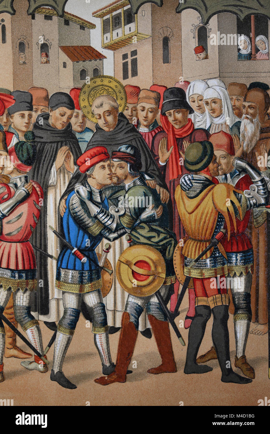 Kämpfe zwischen der Valencianischen Familien Centelles und Vilaregut, für die dynastische Konflikte von Martin I. San Vicente Ferrer (1350-1419) Beruhigung der Stockfoto