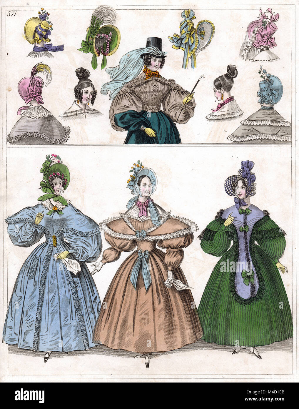 Viktorianische Lady's fashion Print-Frauen kleiden - Hoop Rock & Hauben Stockfoto