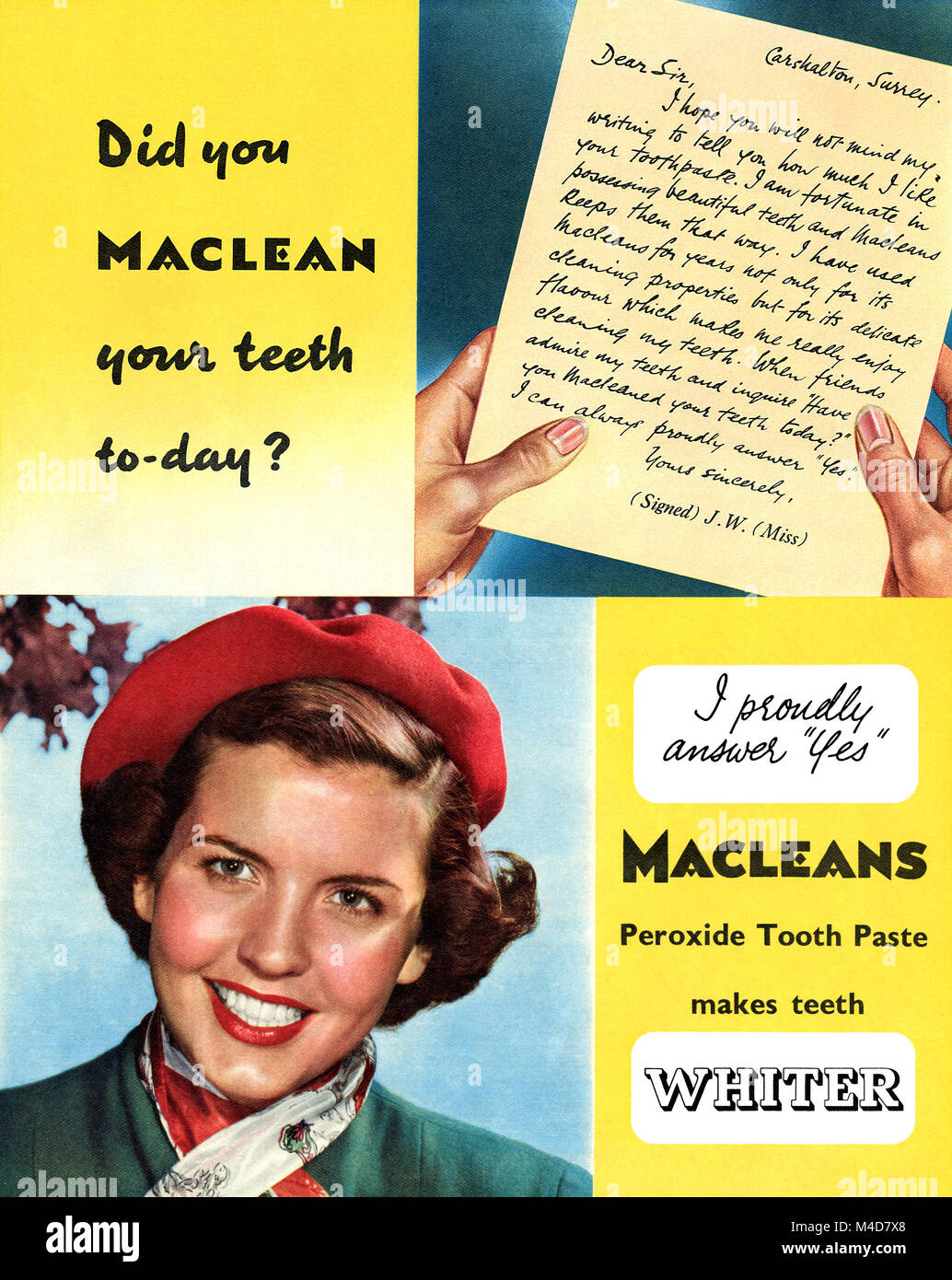 1952 britischen Werbung für Macleans Zahnpasta. Stockfoto