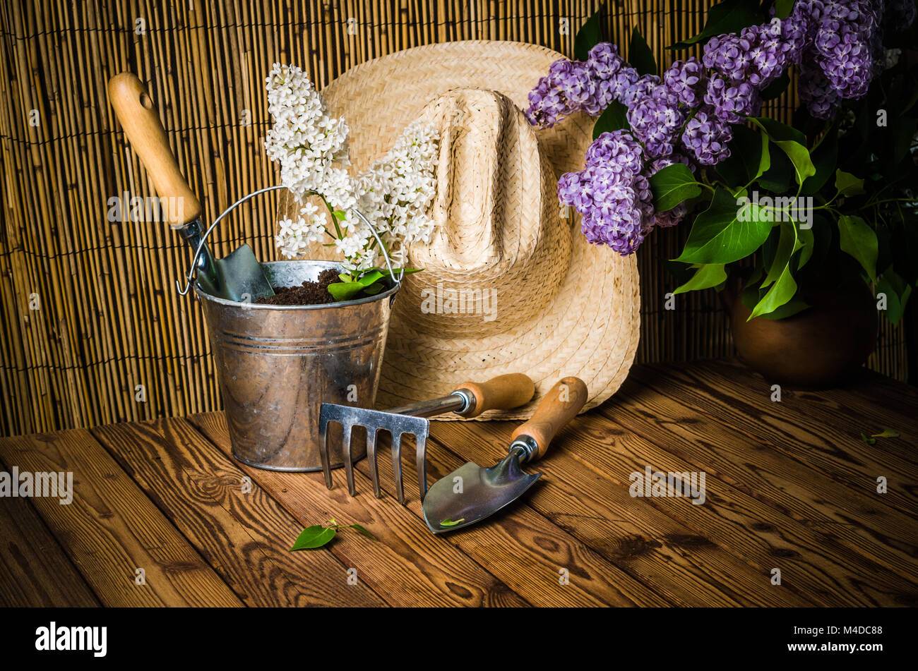 Im Garten arbeitende Werkzeuge und eine Niederlassung eines blühenden weißen Flieder Stockfoto