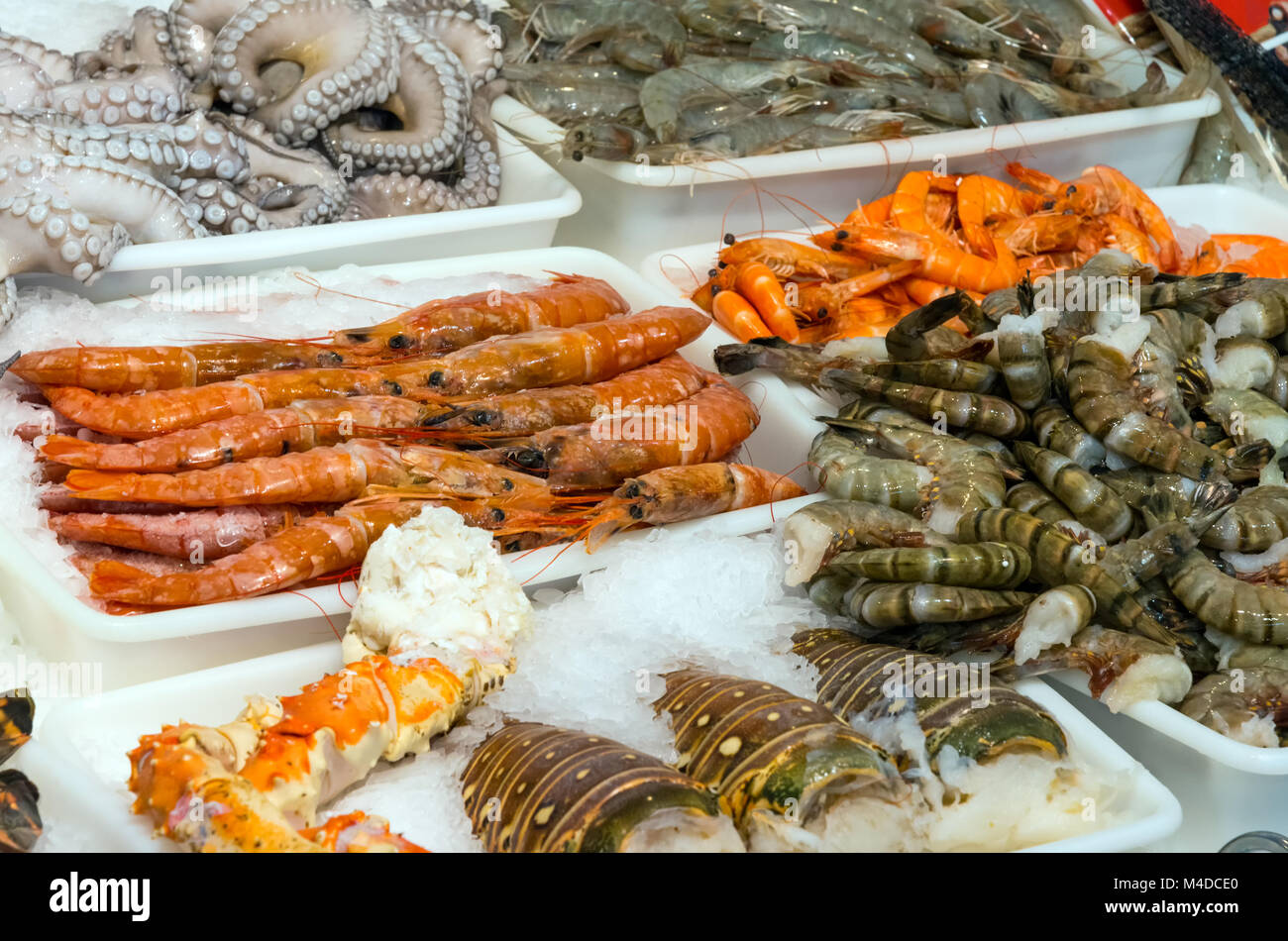 Meeresfrüchte und Schalentiere zum Verkauf auf dem Markt Stockfoto