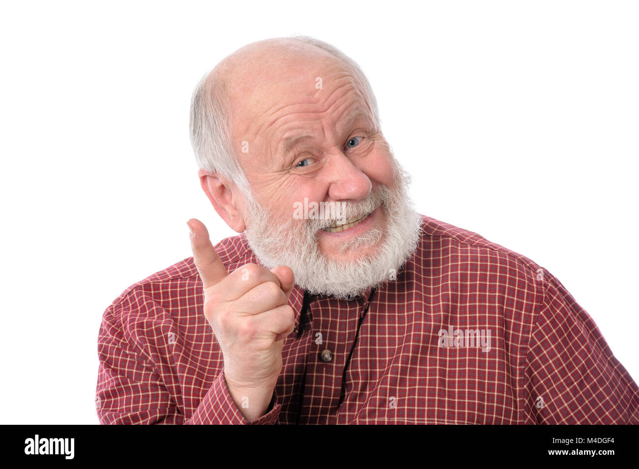 Älterer Mann zeigt Zeigefinger Geste, isoliert auf weißem Stockfoto