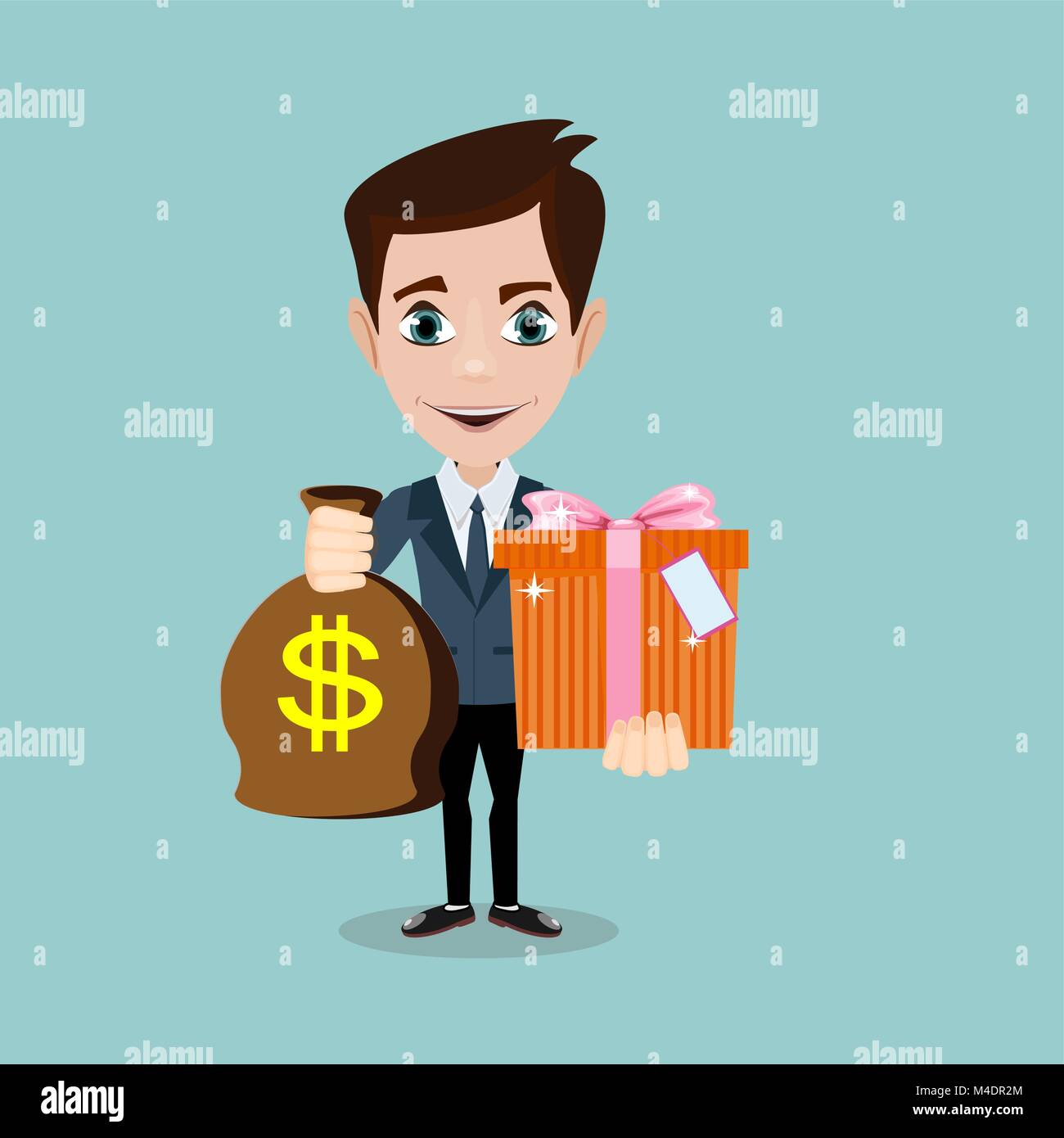 Der junge Mann eine Tasche mit Dollar und Geschenk halten, Stock Vektor