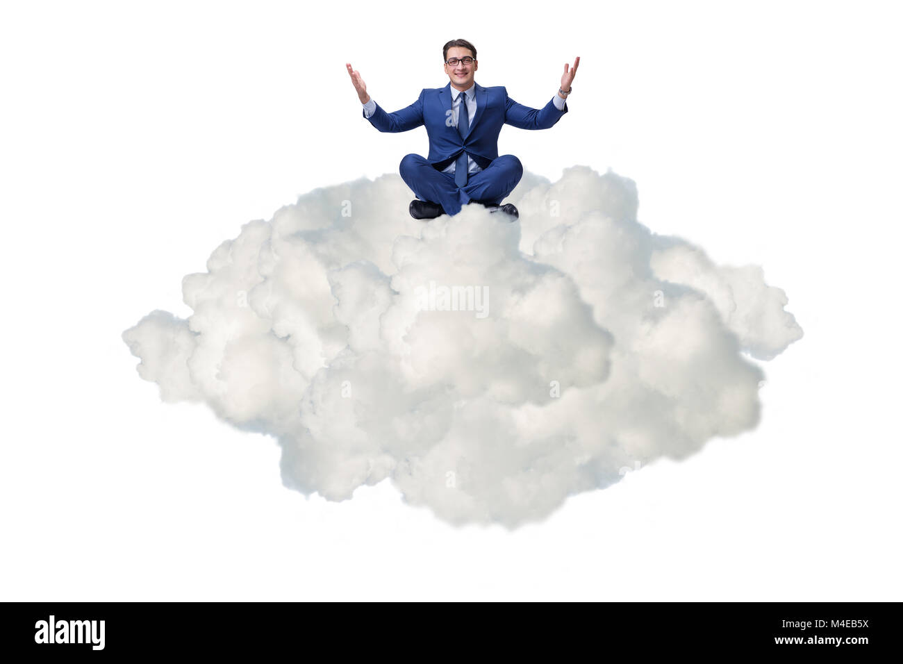 Geschäftsmann, sitzen auf Wolke isoliert auf weiss Stockfoto