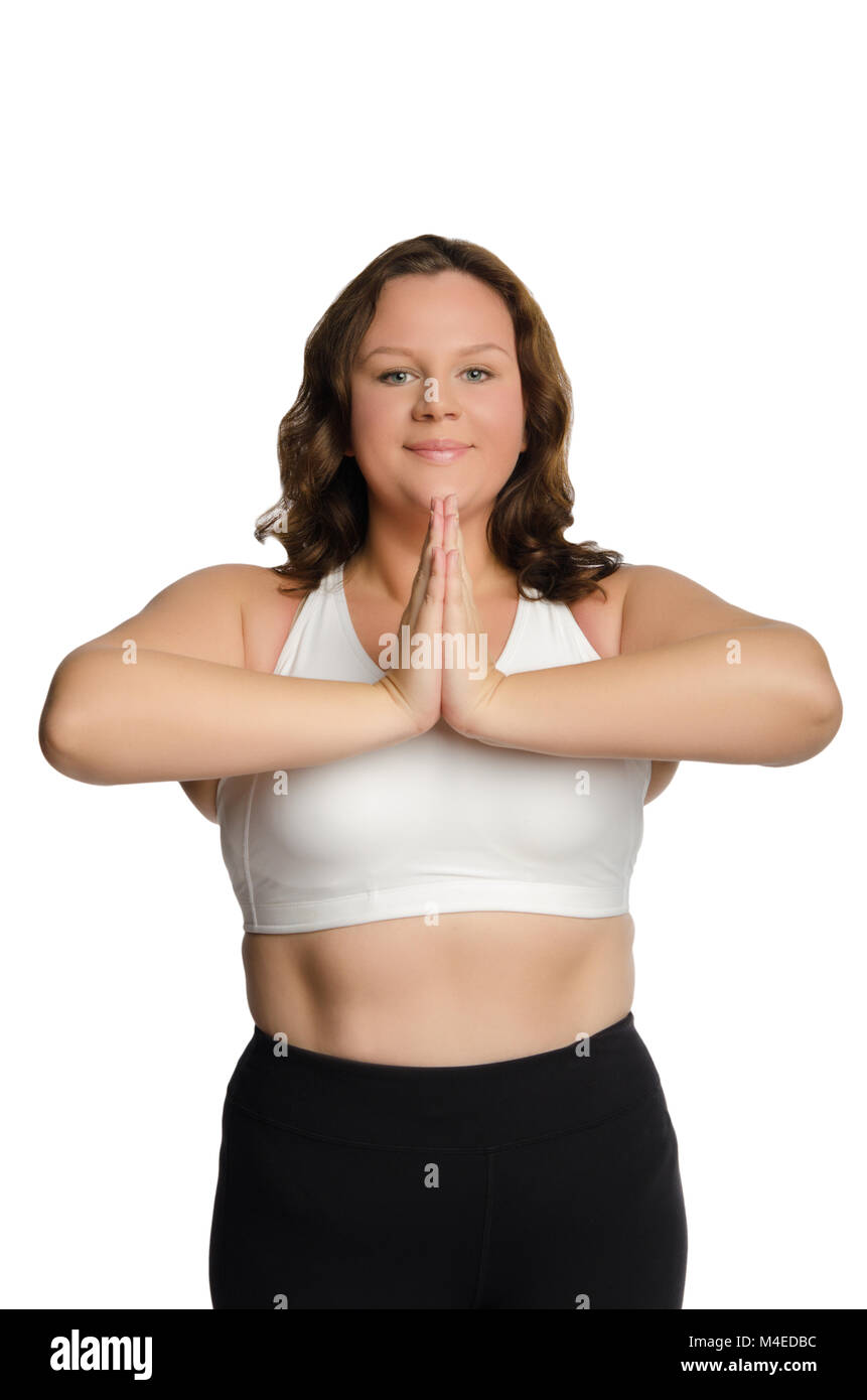 Lächelnd fette Frau ist in der Fitness eingerückt Stockfoto