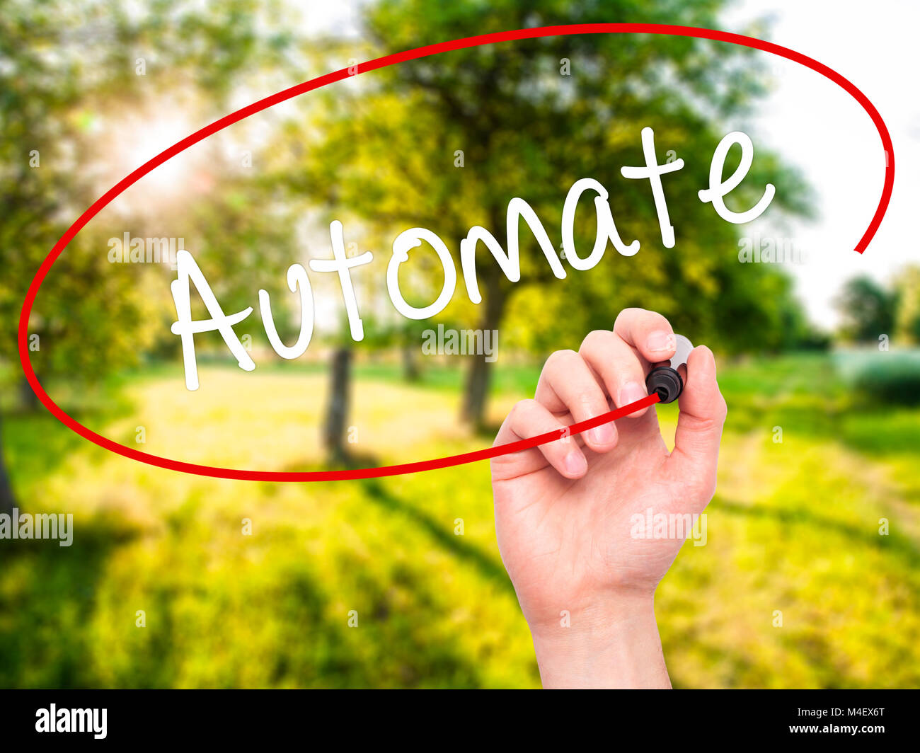 Mann Hand schreiben Automatisieren mit schwarzem Marker auf visuelle Bildschirm Stockfoto