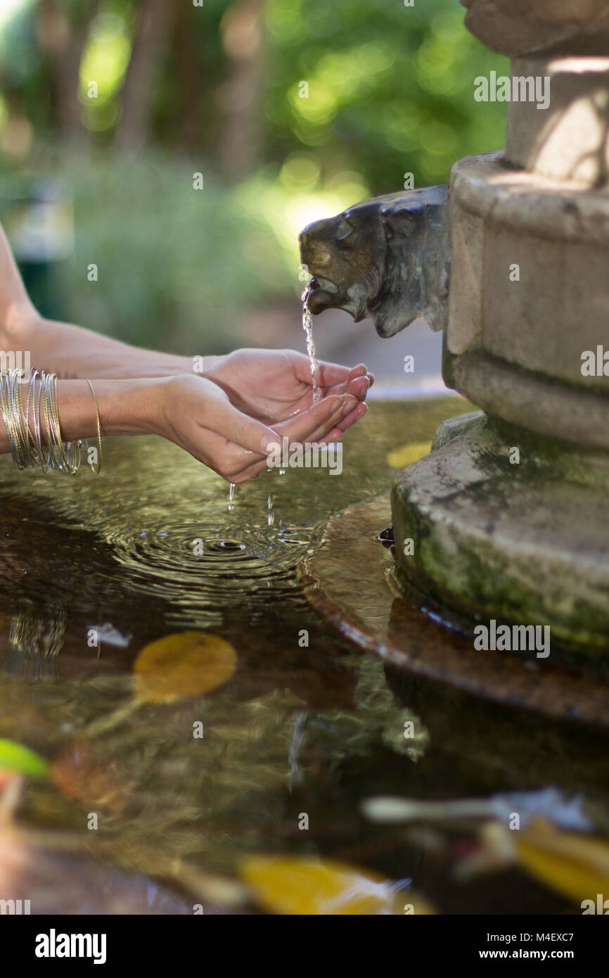 Weibliche Hände schröpfen Wasser aus einem Brunnen, um zu trinken. Stockfoto