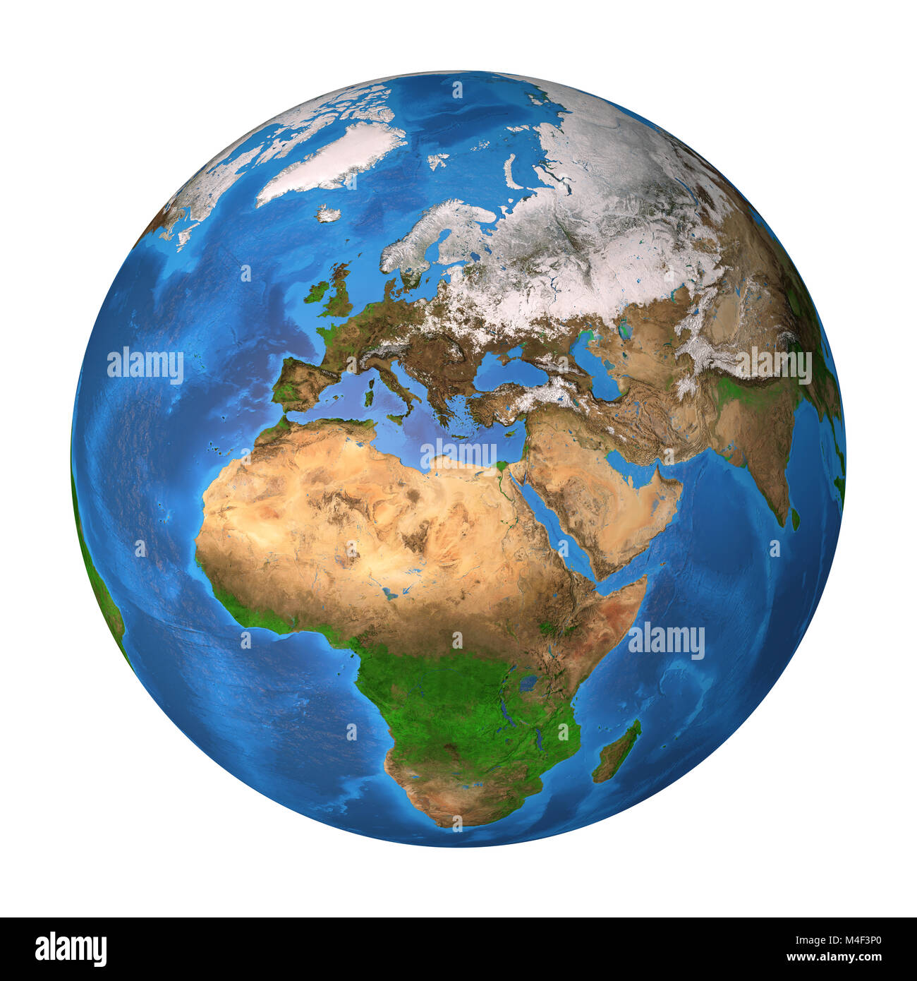 Realistische Satelliten des Planeten Erde in hoher Auflösung, die sich auf Europa, Afrika und Asien. 3D-Illustration, isoliert auf Weiss. Elemente dieser Stockfoto