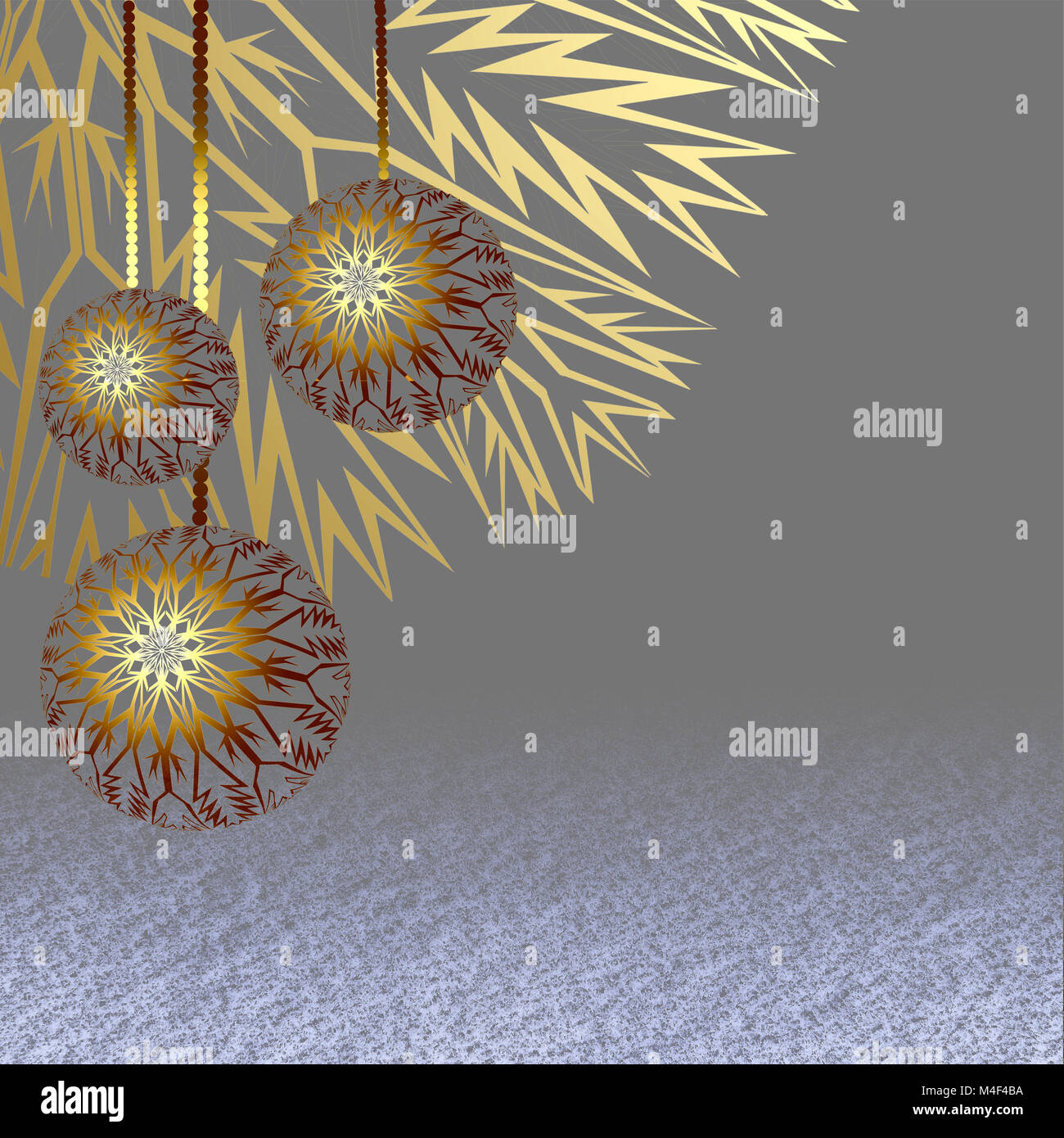Drei goldene Weihnachtskugeln hängen über der Schneeoberfläche Stockfoto