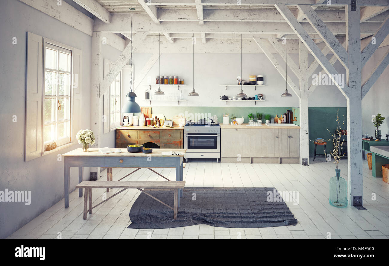 Vintage Style Küche Interieur. 3D-rendering Konzept Design ... Vintage Style Küche Interieur. 3D-rendering Konzept Design ...