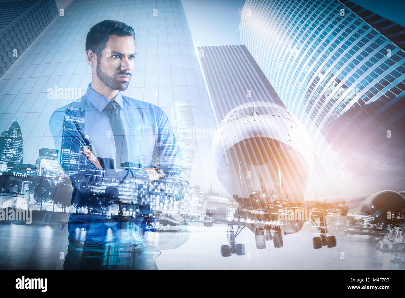 Junge Unternehmer denken. Double Exposure Stadt Hintergrund. Stockfoto
