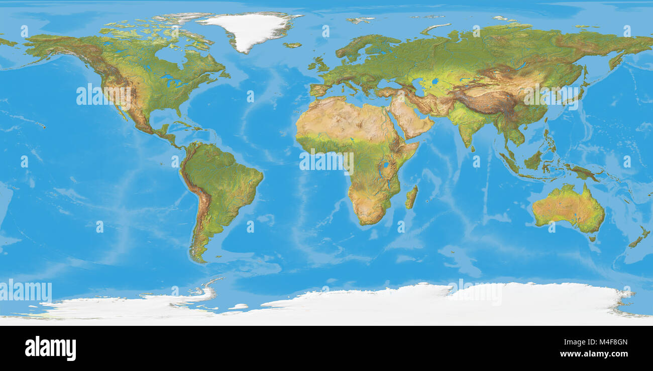 Weltkarte, schattiertes Relief. Farbige nach natürliches Aussehen. Projektion: Geographische. Geeignet zum Umwickeln um eine Kugel in einem 3D-Programm. Stockfoto