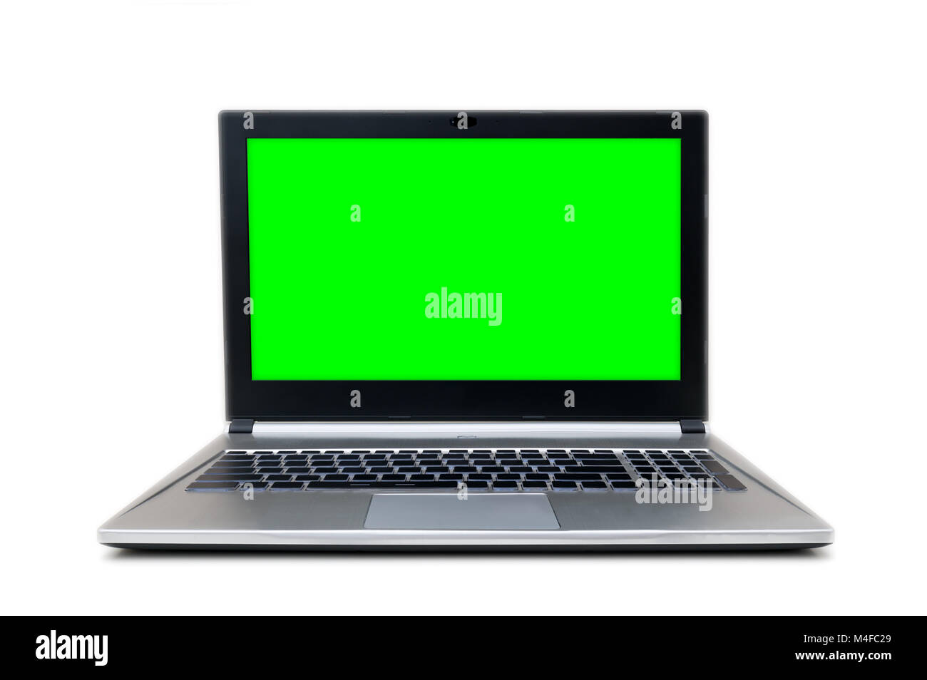 Vorderansicht af isoliert Grau und Schwarz Laptop mit Green Screen Stockfoto