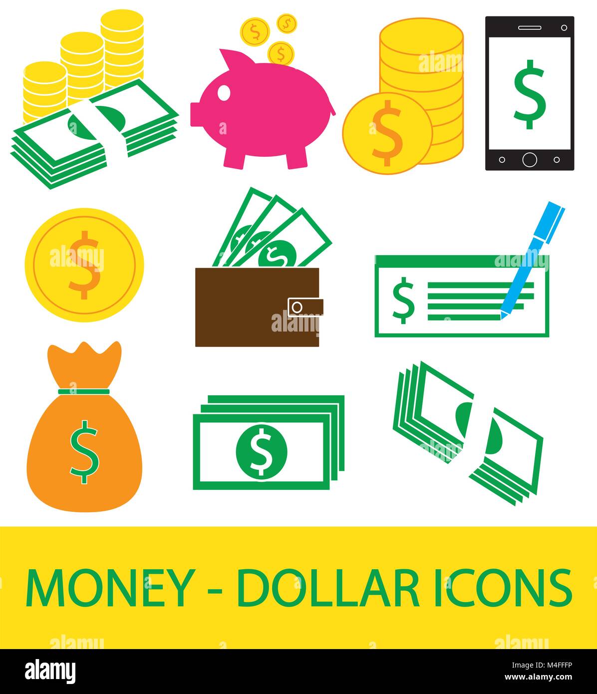 Satz, Sammlung oder Pack von Dollar Währung Symbol oder Logo Vektor. Münzen, Noten oder Rechnungen, Handy oder Handy, Portemonnaie oder prüfen. Symbol für die Vereinigten Staaten Stock Vektor