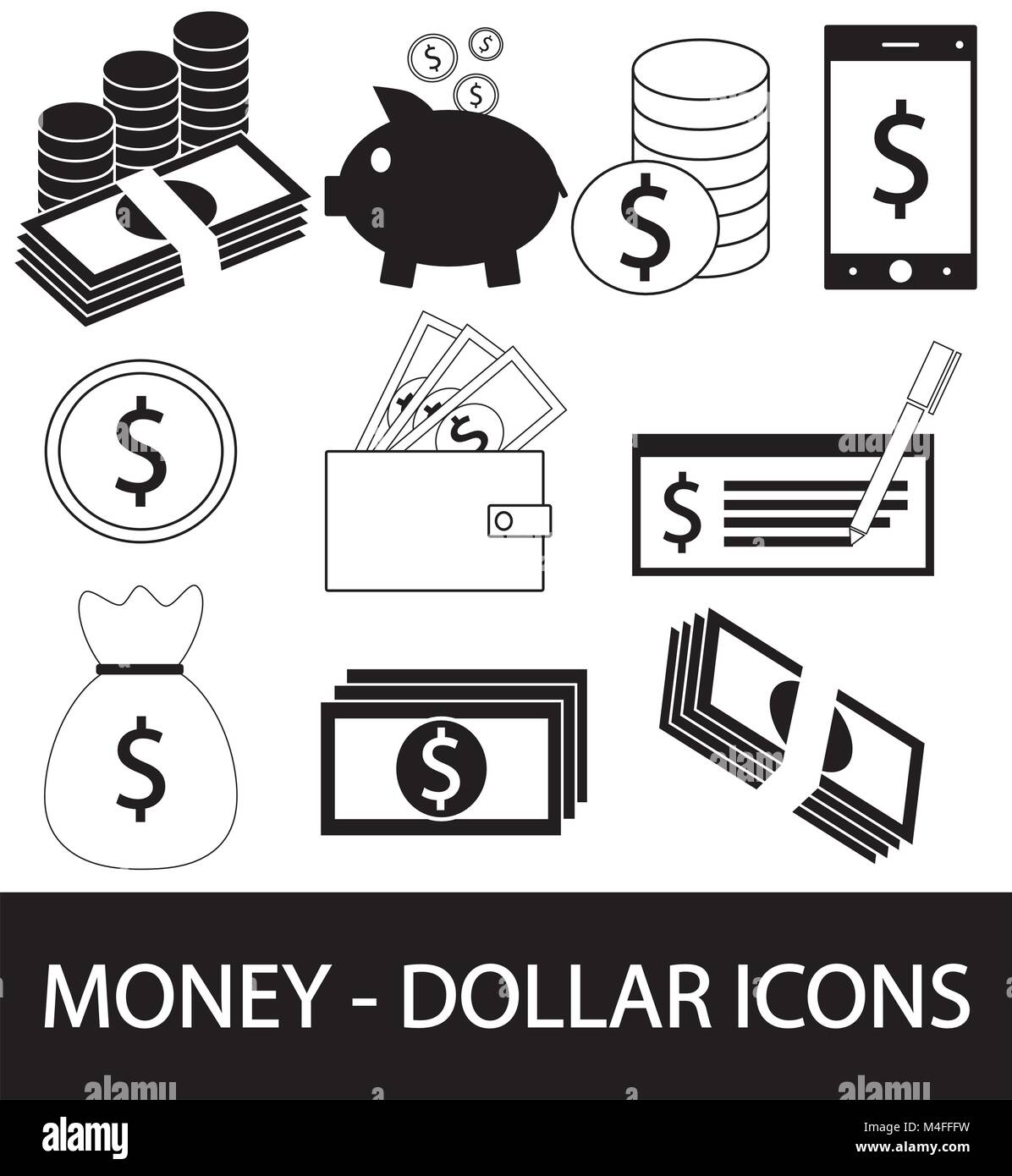 Satz, Sammlung oder Pack von Dollar Währung Symbol oder Logo Vektor. Münzen, Noten oder Rechnungen, Handy oder Handy, Portemonnaie oder prüfen. Symbol für die Vereinigten Staaten Stock Vektor