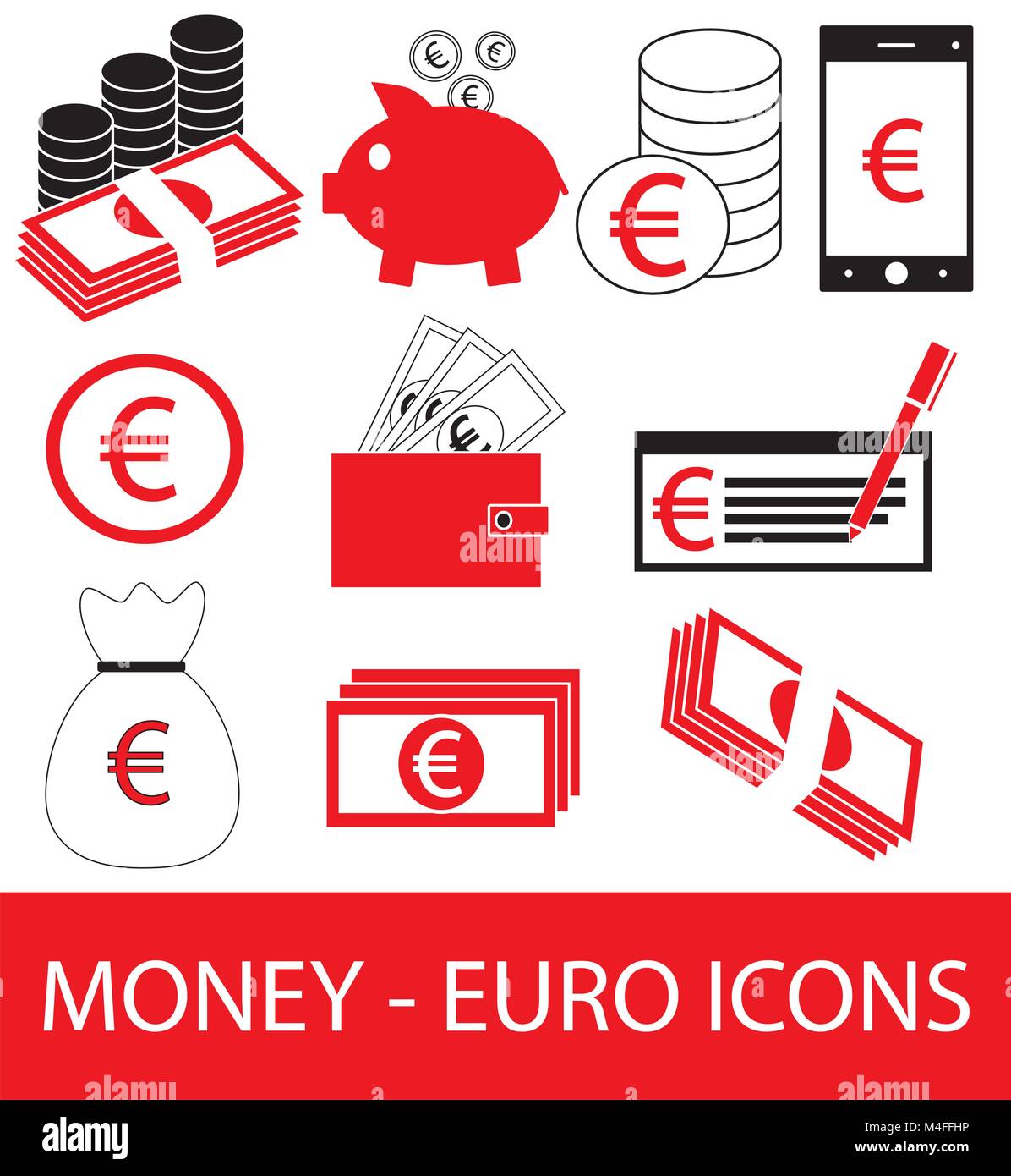 Satz, Sammlung oder Packung mit Euro Symbol oder Logo Vektor. Münzen, Noten oder Rechnungen, Handy oder Handy, Portemonnaie oder prüfen. Symbol für die Europäische Union Stock Vektor