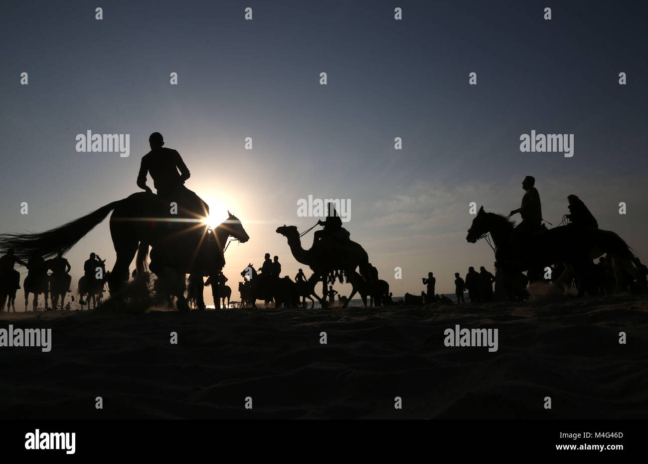 Gaza, Gazastreifen, palästinensischen Gebiet. 16 Feb, 2018. Palästinensische Männer Pferde während eines lokalen Racing auf den Strand von Gaza Stadt am Februar 16, 2018 Credit: Ashraf Amra/APA-Images/ZUMA Draht/Alamy leben Nachrichten Stockfoto