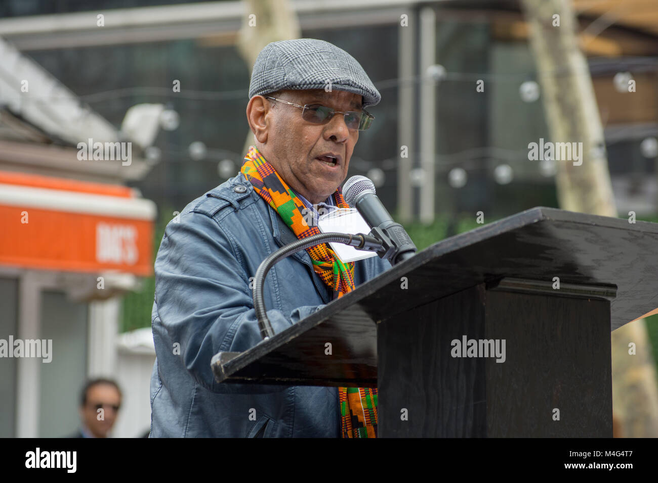 New York, USA. 15. Februar, 2018. Dr. Mohammed Nurhussein, Vorsitzender der Vereinigten African Congress Das aids Afrikanischen Immigranten. Vertreter der Afrikanischen und diasporan Organisationen angeprangert Trump Aussagen als Beleidigung ihrer Heimat gesehen, an der "Stolz Afrikaner Rally' in der Nähe von UN-Hauptquartier. Quelle: M.Stan Reaves/Alamy leben Nachrichten Stockfoto