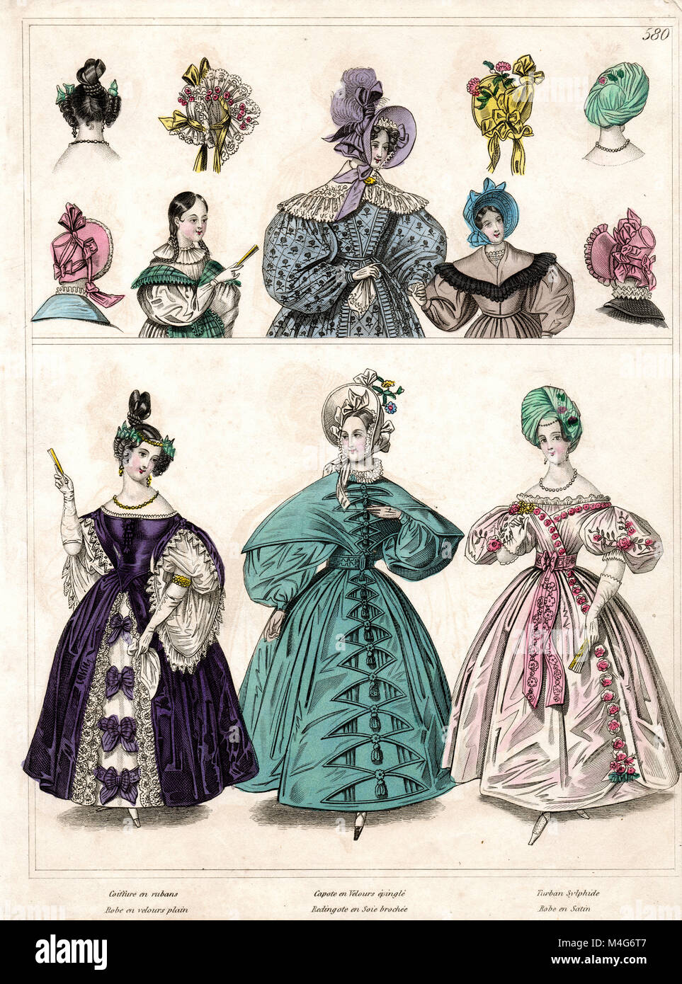 Viktorianische Lady's fashion Print-Frauen kleiden - Hoop Rock & Hauben Stockfoto