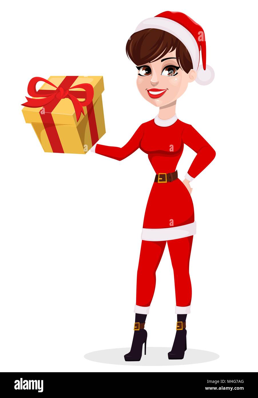 Frohe Weihnachten Grußkarte. Pretty Woman in Santa Claus Kostüm holding Geschenkbox. Vector Illustration Stock Vektor