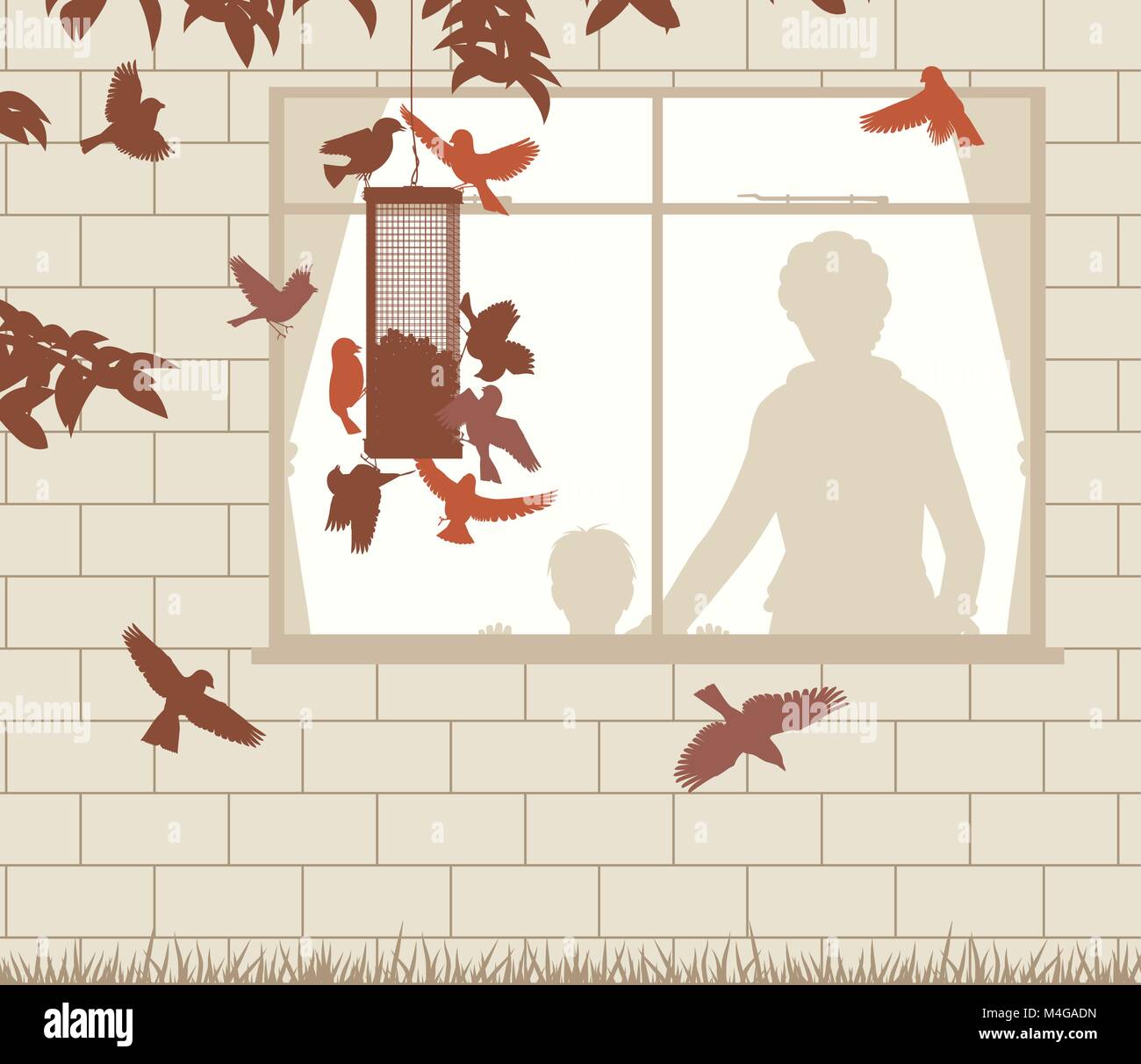 Editable Vector Illustration einer Frau und Kind beobachten Vögel an einem hängenden Einzug durch ein Fenster Stock Vektor