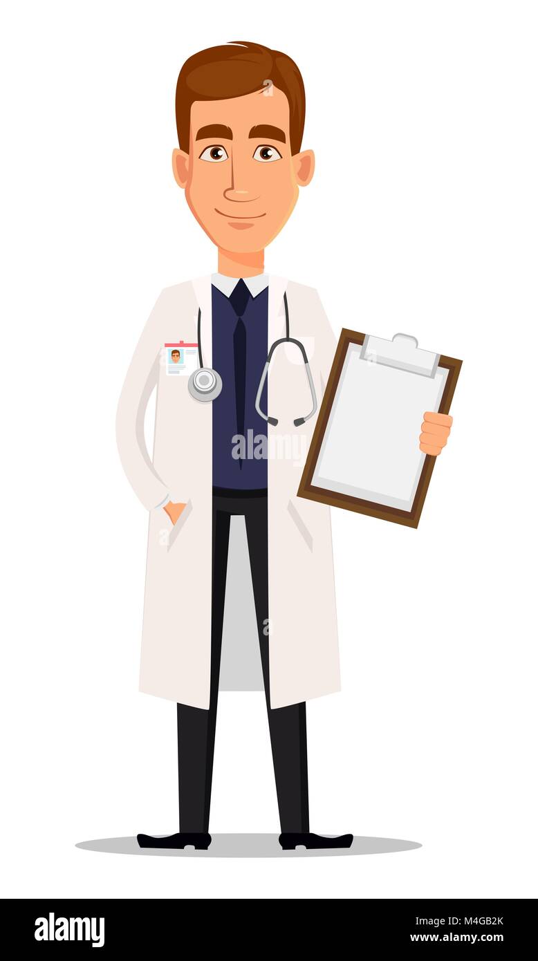 Young Professional Arzt holding Leere Zwischenablage. Medizinische Arbeiter. Krankenhauspersonal. Comicfigur auf weißem Hintergrund. Vector Illustration. Stock Vektor