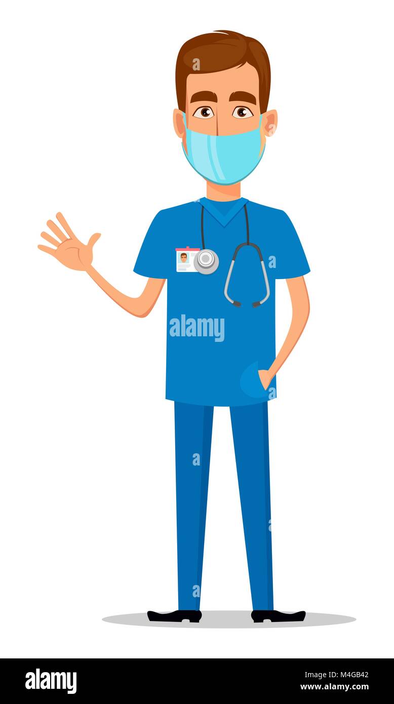 Young Professional Arzt in Maske Hand winkte. Medizinische Arbeiter. Krankenhauspersonal. Comicfigur auf weißem Hintergrund. Vector Illustration. Stock Vektor