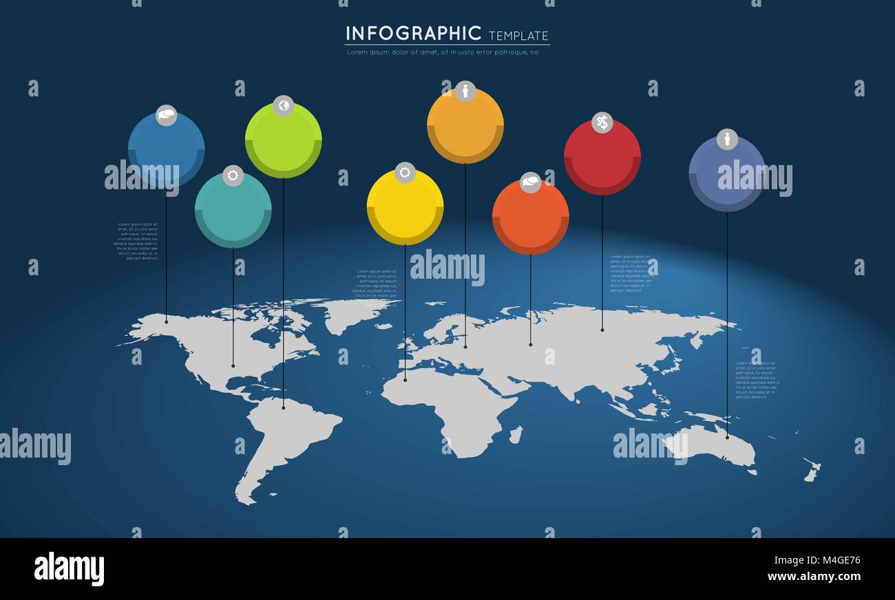 Weltkarte mit bunten Kreisen und Zeiger, infografik Vorlage Stock Vektor